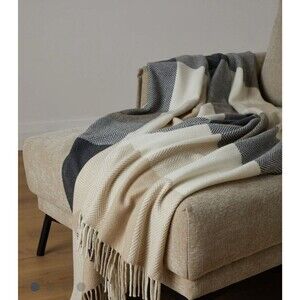 Foxford Lacken Grey Cream Herringbone Throw 57x60" Cashmere Lambswool NWT